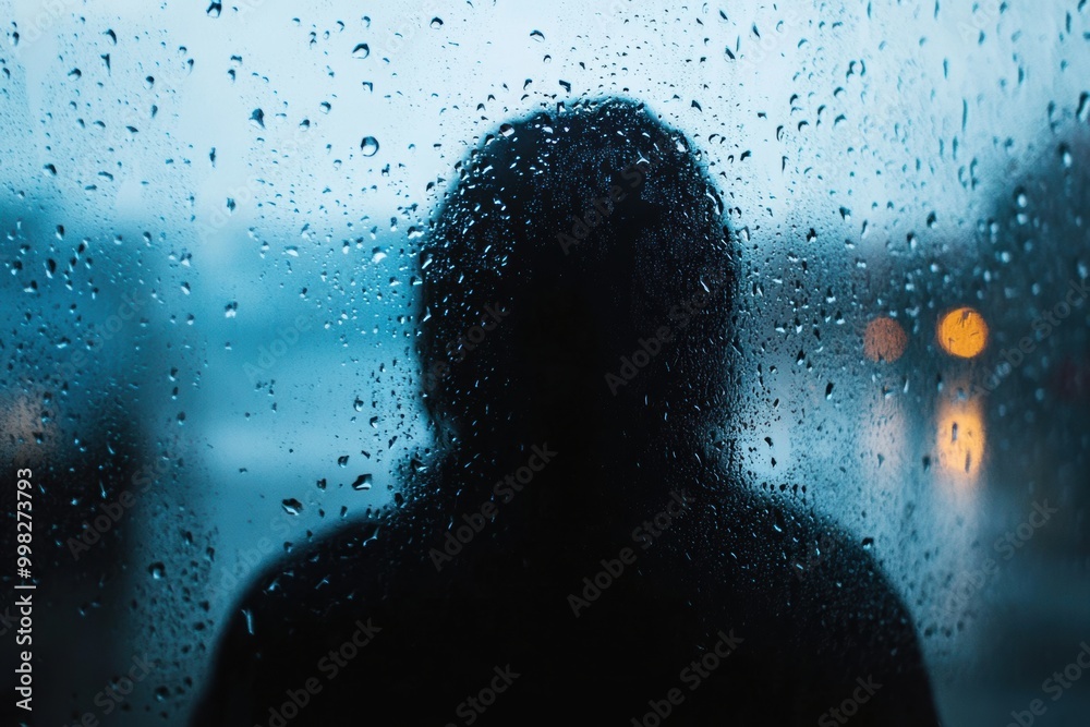 Poster a lone person stands near a rain-covered window, contemplating their thoughts as raindrops cascade d