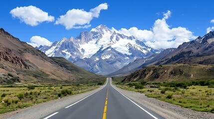Fototapeta premium Scenic road leading to majestic snow-capped mountains.