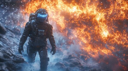Obraz premium Astronaut Breaking Through Fiery Nebula in Space