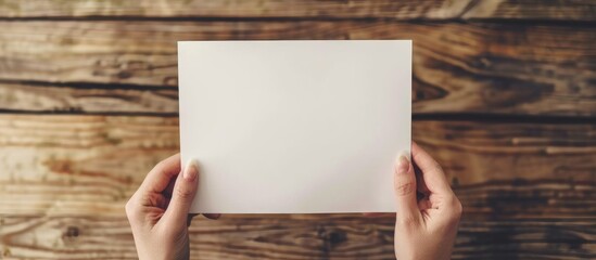 Hand Holding Blank Paper On The Table