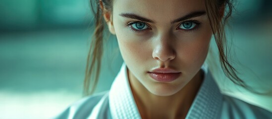 Close-up portrait of a young woman with piercing blue eyes, looking directly at the camera with a determined expression.