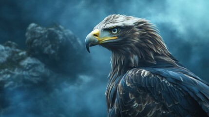 Fototapeta premium Eagle's fierce eyes and golden beak stand out in a moody, mist-filled setting with dark, shadowy lighting.