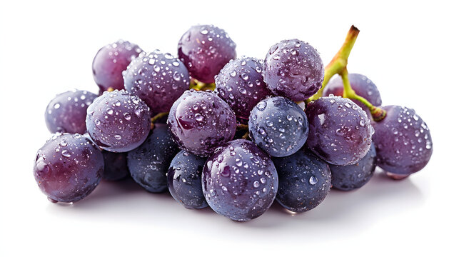 Vibrant purple grapes glistening with water droplets on a pristine white background, ideal for advertising or promotional materials.