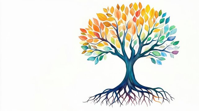 Tree with roots intertwined, symbolizing unity and growth, watercolor style