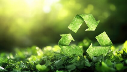 Recycling logo in the background blurred modern office, a concept of doing business and environmentalism