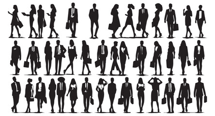 Diverse casual business people standing, walking, men and women, girl, Silhouettes set vector illustration design black and white art