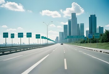 Fototapeta premium Empty highway with green road signs, blue sky, and silhouettes of buildings in the background