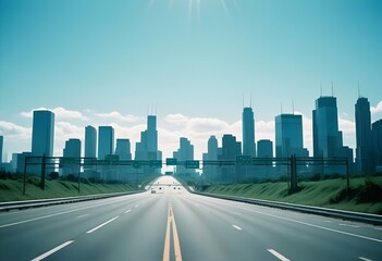 Naklejka premium Empty highway with green road signs, blue sky, and silhouettes of buildings in the background