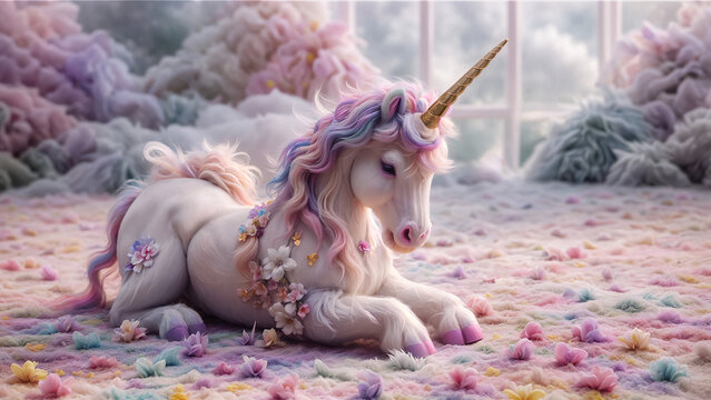 a fluffy multicolored unicorn surrounded by bright colors. 