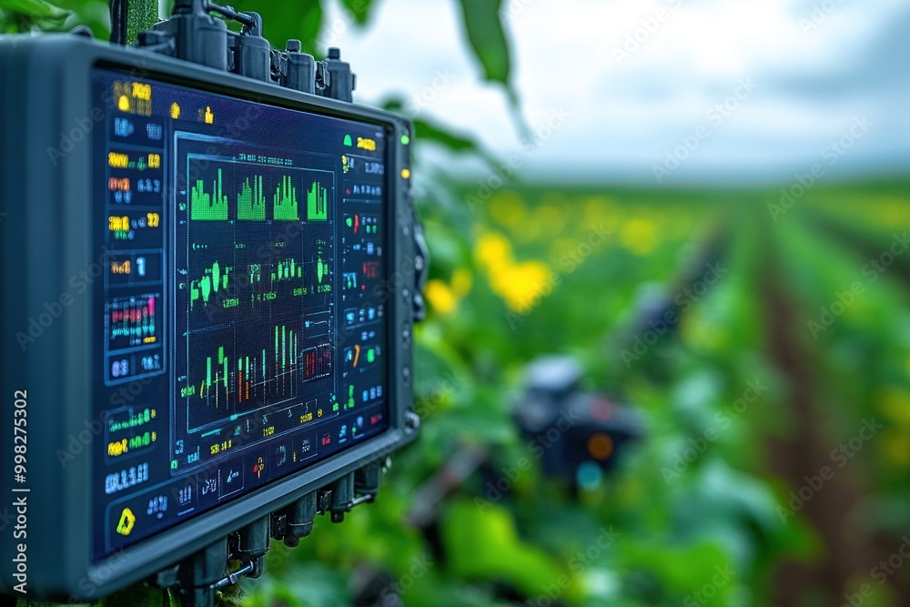 Wall mural A close-up view of a digital screen showing data on a farm.  The screen is mounted on a piece of machinery. The screen is displaying graphs and numbers. The field is in the background.