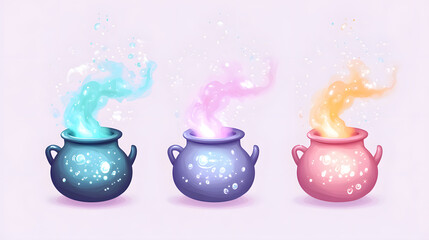 Pastel witch brew set of icons with smooth cauldron shape and soft bubbling colors placed on a clean background