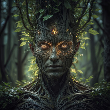 a magical forest elemental. a creature of twigs and plants with glowing eyes.