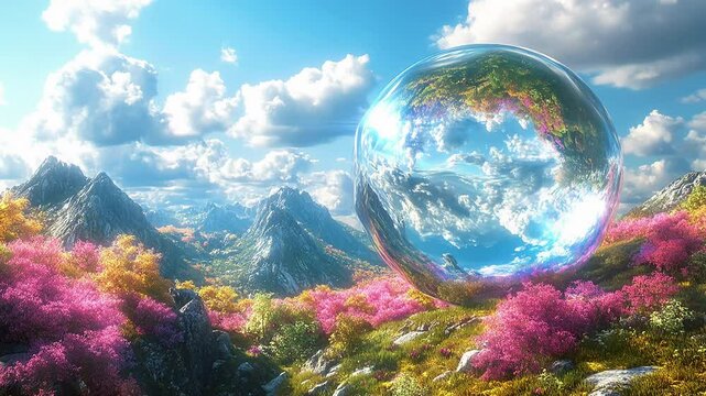 magic crystall ball over beutiful nature lanscape reflection in sphere of sunset in mountains