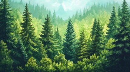 Fototapeta premium Lush landscape featuring evergreen fir and pine trees in a vibrant green forest
