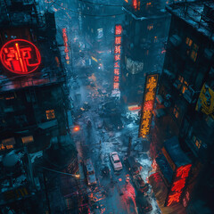 Naklejka premium Dystopian Cyberpunk City Battle Map for Tabletop Role-Playing Games, Sci-Fi RPG Map with Neon Details, High-Tech Urban Environment for Cyberpunk Campaigns, Top-Down Digital Background for RPG Sessions