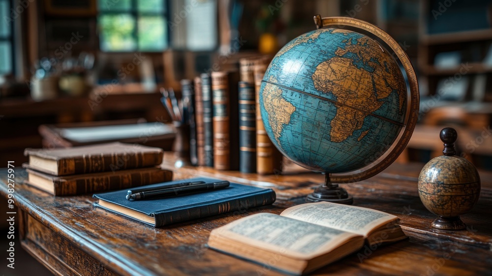 Poster A wooden desk with an open book, a pen, a stack of books, and a globe.