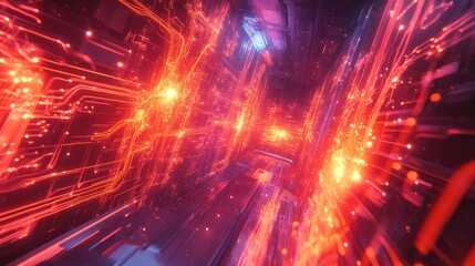 Fototapeta premium Vibrant visual effects in a modern setting embodying a futuristic theme of electrical currents and data movement
