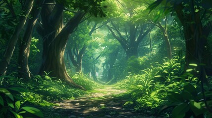 A sun-drenched path winds through a lush, green forest, with tall trees and vibrant foliage.