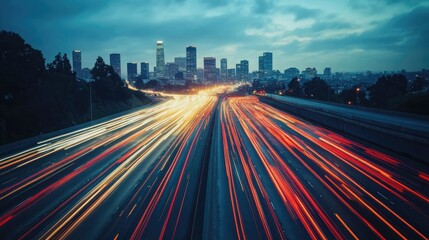 The motion blur on a bustling highway at dusk with a city skyline behind is filled with a cascade of headlights and taillights