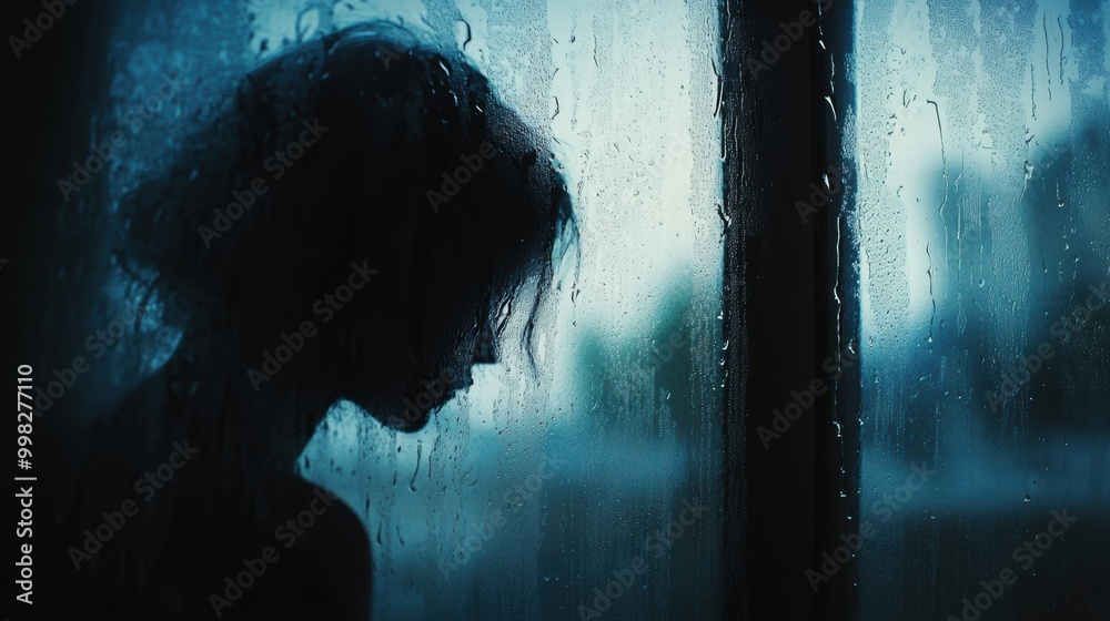 Poster A lone person stands by a window, lost in thought as raindrops cascade down the glass, creating a mood of solitude and reflection. Generative AI