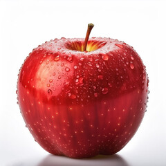 Bright red apple isolated on white background, highlighting the water droplets that stick to it.