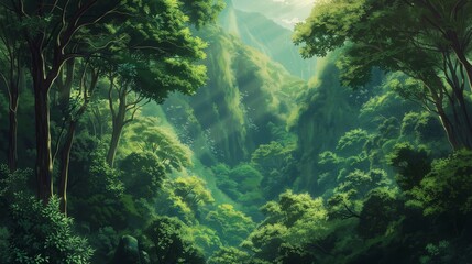 Fototapeta premium Lush green trees and foliage fill a deep valley, sunlight filtering through the canopy.