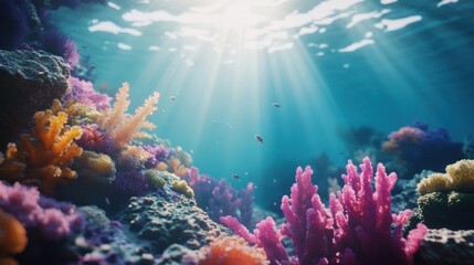 Naklejka premium Underwater Coral Reef with Sunbeams
