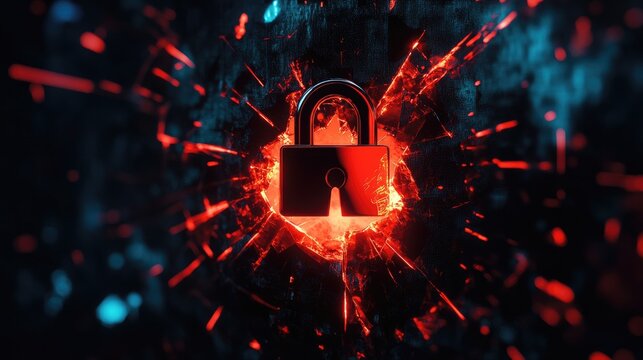 Network security system warning of a hacking attempt represented by a broken padlock symbol