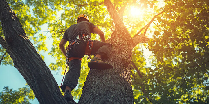 Skillful Tree Climber's Arboreal Pursuit: A man scaling the heights of a massive tree, his body moving in harmony with the ancient tree's branches.