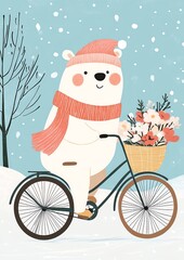 Cute bear riding a bicycle adorned with flowers, set against a snowy winter backdrop. Perfect for festive and whimsical themes.