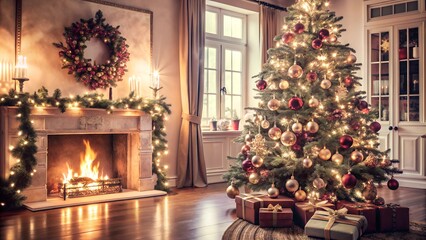 Elegant Christmas Living Room with Tree, Fireplace, and Wreath