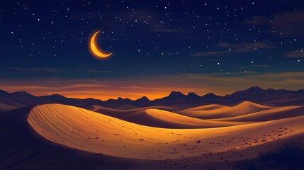 Golden desert at night, crescent moon and stars lighting up the dunes and distant mountains, creating a tranquil scene.