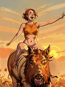 a joyful woman is riding a boar. a girl is riding a boar and rejoicing in life.