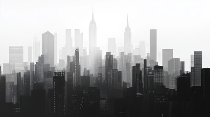 Fototapeta premium Grayscale pixelated city skyline with towering skyscrapers and modern urban design, perfect for a tech-driven aesthetic.