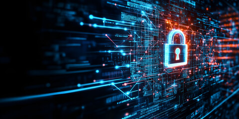 concept of virtual lock in cyberspace; widescreen backdrop