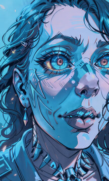 close up portrait of a female zombie, face in blue tones
