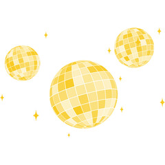 Set of gold discoball icons. Golden disco party mirrorballs in retro 70s 80s 90s retro discotheque style. Shining night club globes. Nightlife, holiday or fun symbols.
