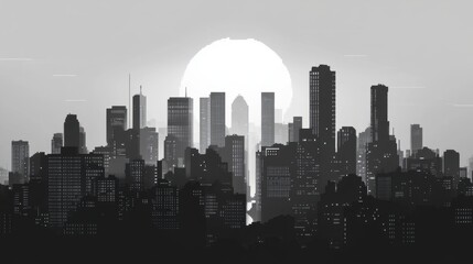 Fototapeta premium Grayscale pixelated city skyline with towering skyscrapers and modern urban design, perfect for a tech-driven aesthetic.