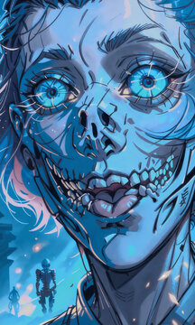 close up portrait of a female zombie, face in blue tones