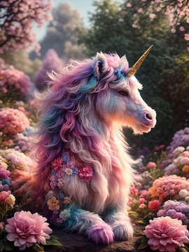 a fluffy multicolored unicorn surrounded by bright colors. 