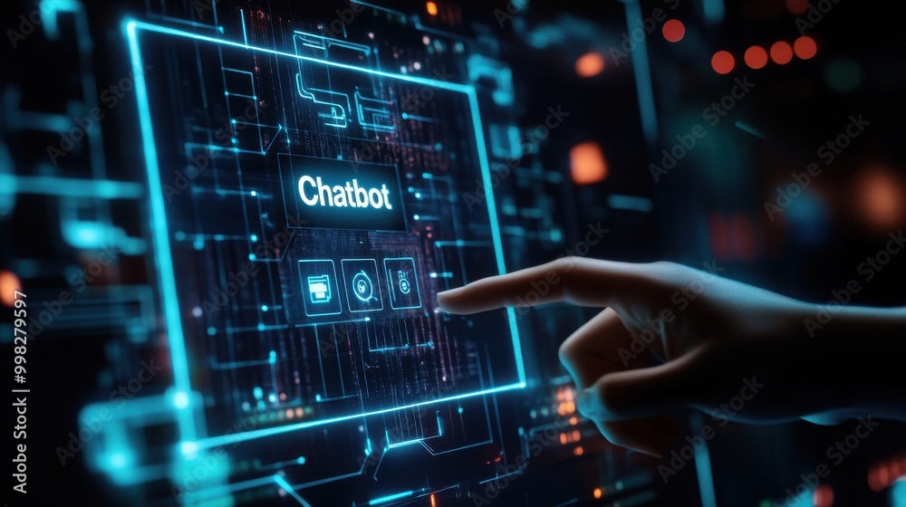Poster hand touching a computer screen displaying a chatbot interface with the text 