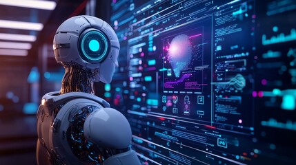 AI Robot Analyzing Data in Futuristic Environment