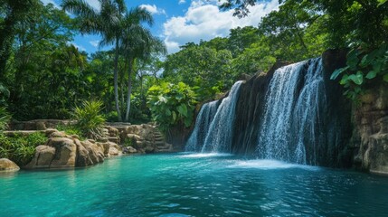 Fototapeta premium Turquoise water, lush green trees, and a gentle waterfall set the scene for a serene oasis, perfect for relaxation under the sun