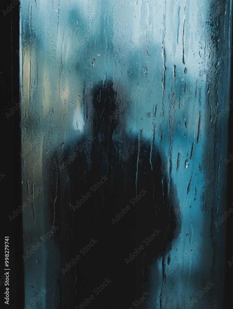 Poster a lone figure stands before a rain-soaked window, lost in thought as raindrops trickle down the glas
