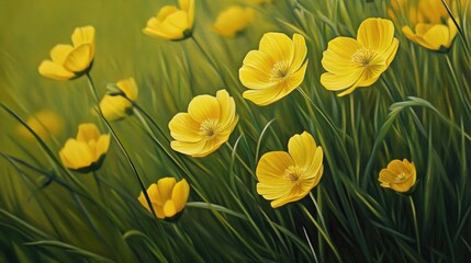 Meadow buttercup with vibrant yellow blossoms against a backdrop of lush green grass captured in close up detail