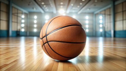 Basketball on hardwood court in indoor gym with bright lighting