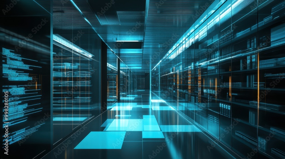Poster high-tech data center with ai-powered document scanning and conversion, showcasing advanced digitiza