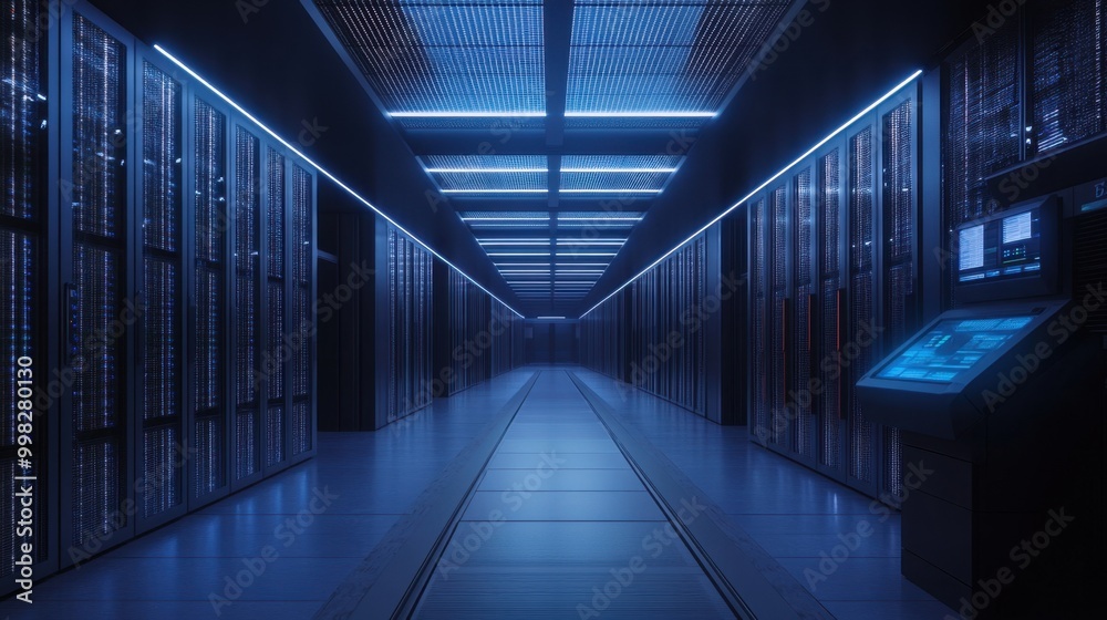 Poster high-tech data center with ai-powered document scanning and conversion, showcasing advanced digitiza