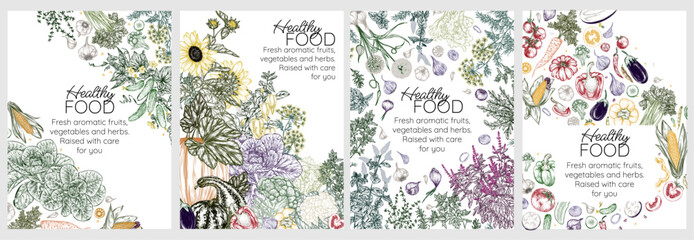 Set of 4 vector healthy food banners. Vegetables and herbs. Pumpkin, tomato, cucumber, pepper, corn, beans, basil, mint, arugula, rosemary, thyme, onion, garlic, eggplant, sunflower, carrots, celery