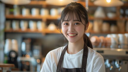おしゃれなカフェで働く若い日本人の女性